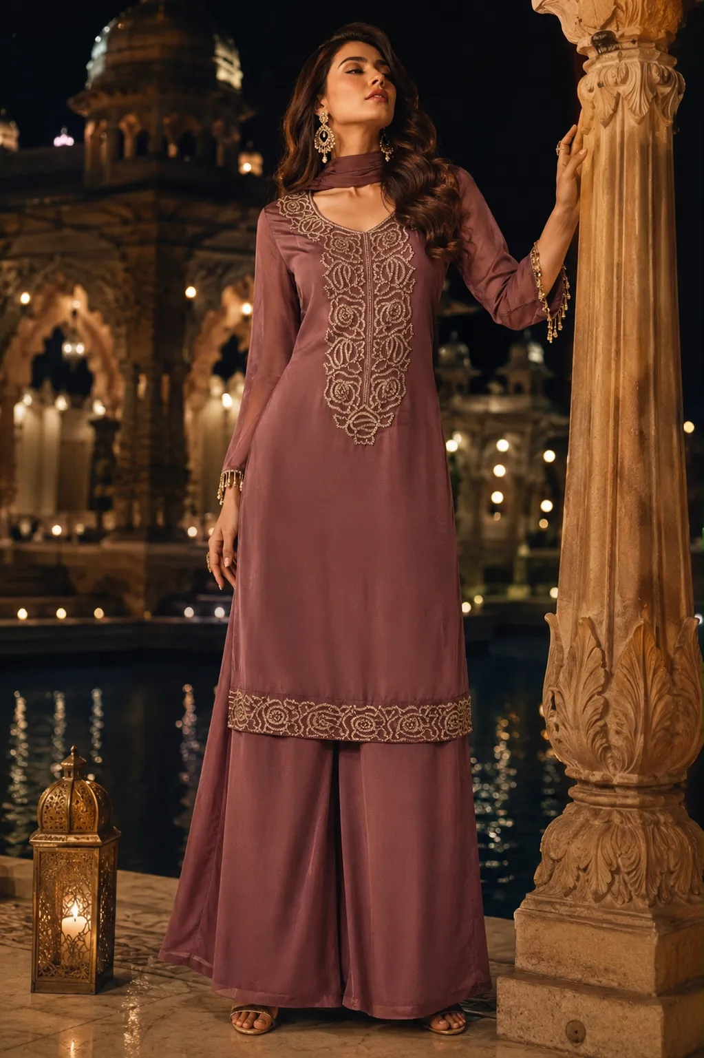 Mauve Georgette Embroidered Suit